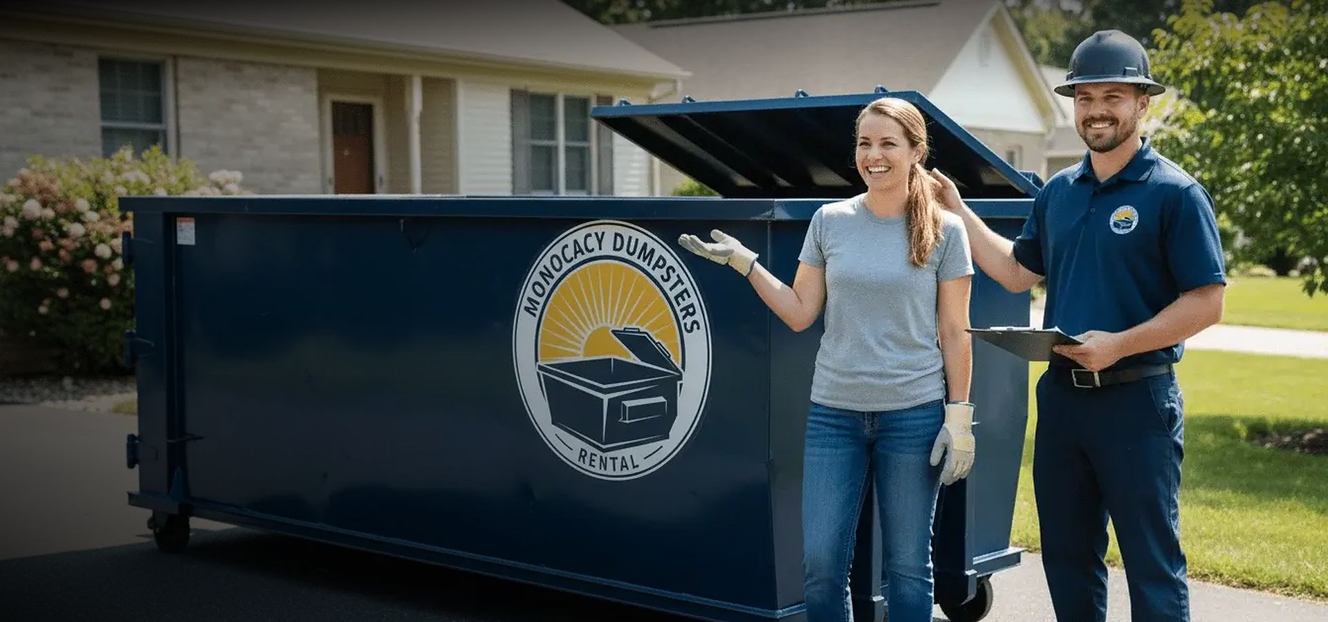 A Frederick homeowner and a Monocacy Dumpster crew member beside a freshly delivered roll-off container