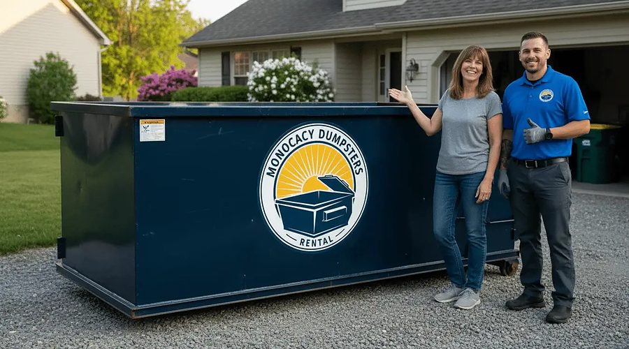 A Frederick County homeowner with a Monocacy Dumpster crew member and her container