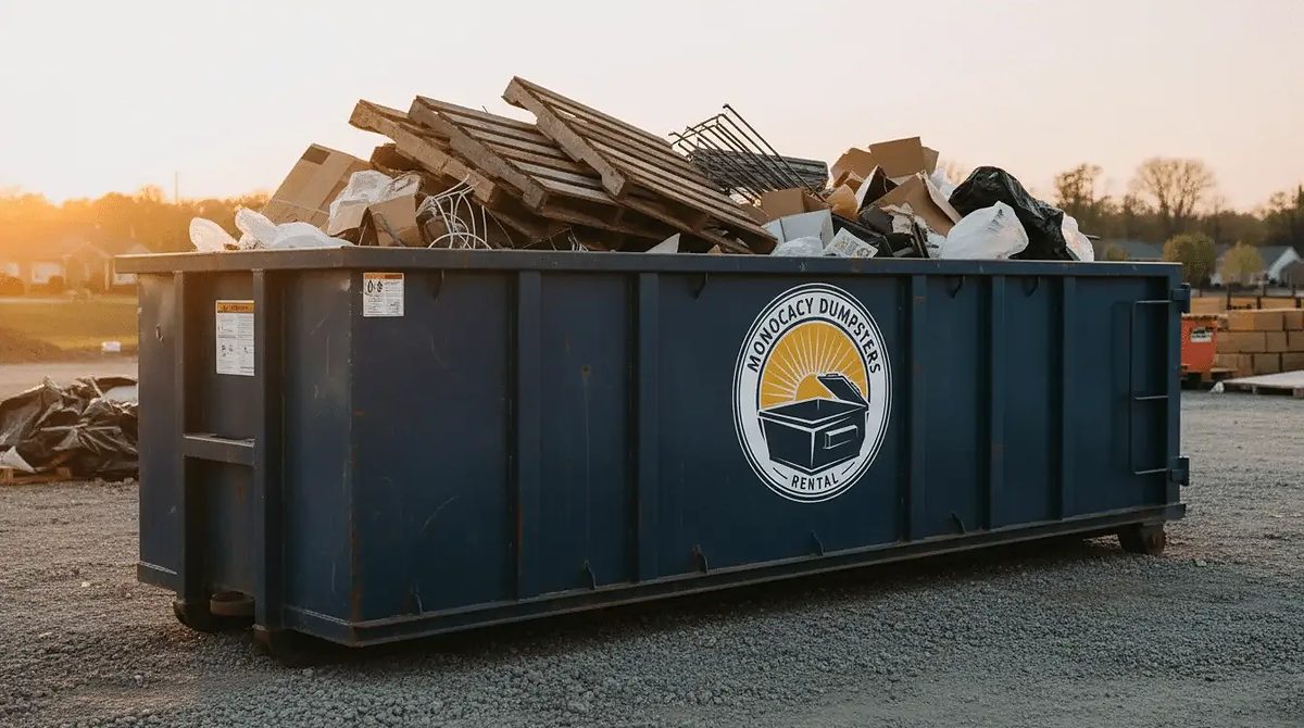 A Monocacy Dumpster container loaded with household debris