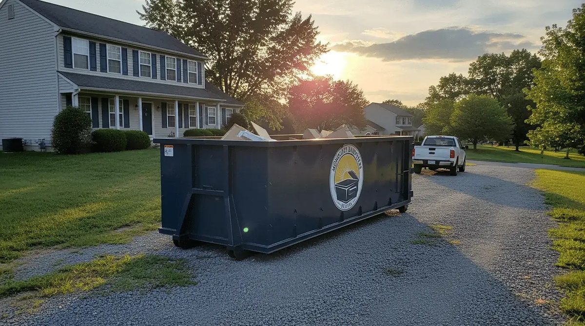A Monocacy Dumpster roll-off container on a Frederick County driveway