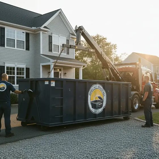 A Frederick homeowner and a Monocacy Dumpster crew member beside a freshly delivered roll-off container