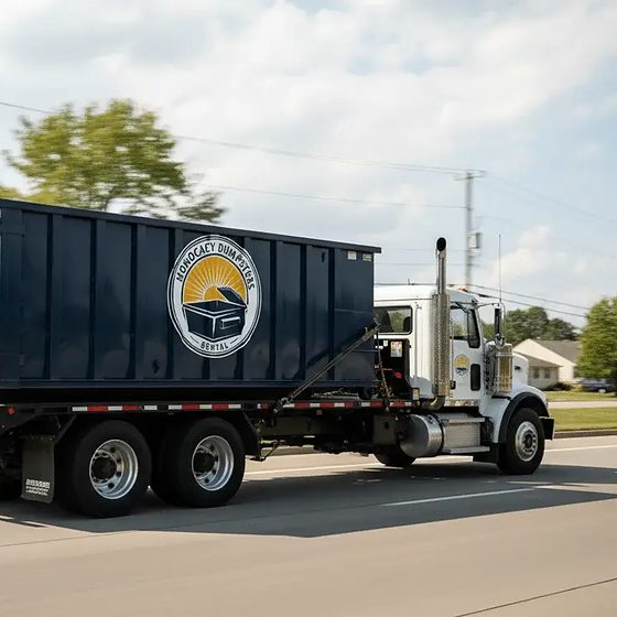 A Monocacy Dumpster truck carrying a roll-off container on the way to a same-day delivery
