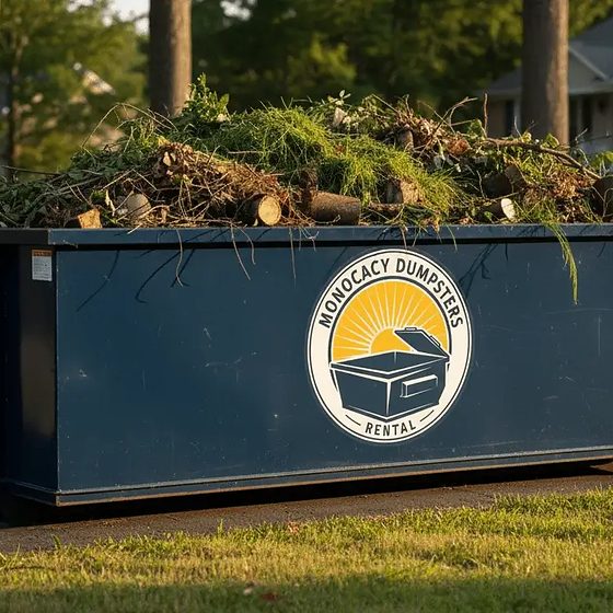 A Monocacy Dumpster roll-off container filled with brush and branches on a Frederick County lawn