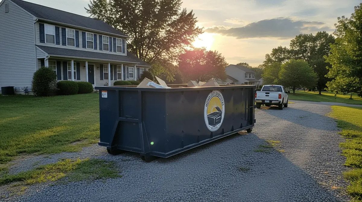 A Monocacy Dumpster container delivered to a driveway in the Frederick area