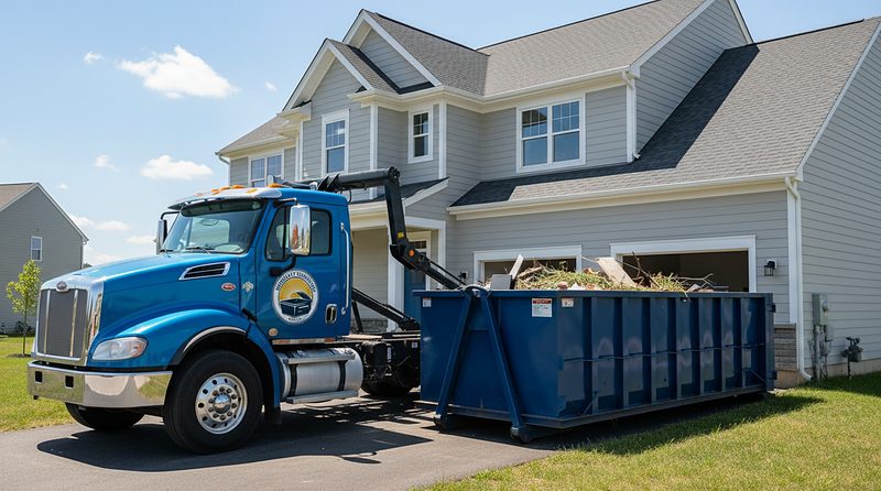 A Monocacy Dumpster truck delivering a roll-off container to a house