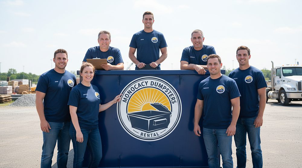 The Monocacy Dumpster crew with a branded roll-off container and truck