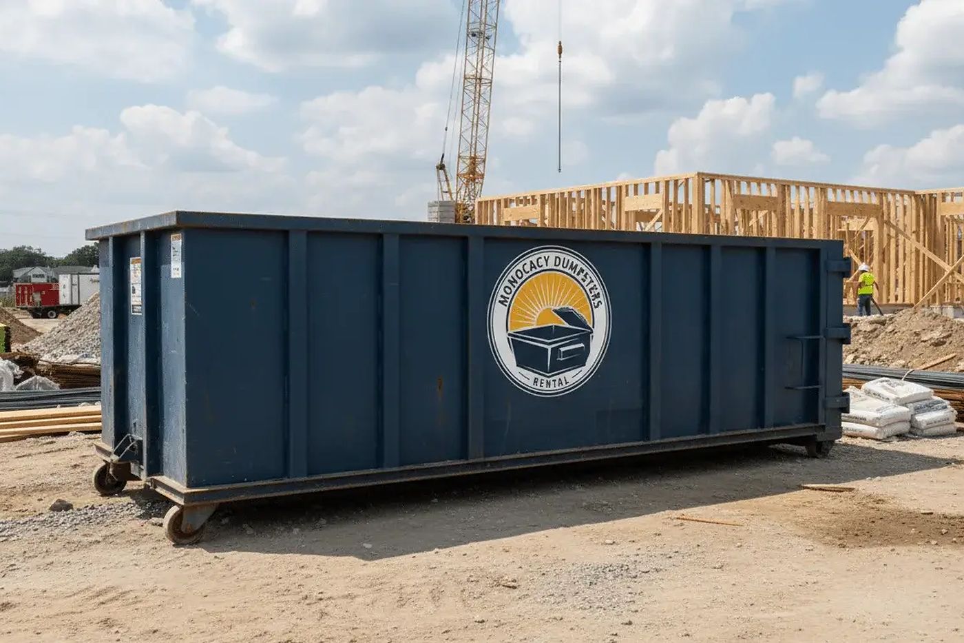 A Monocacy Dumpster roll-off container on a new-build construction site in Frederick County