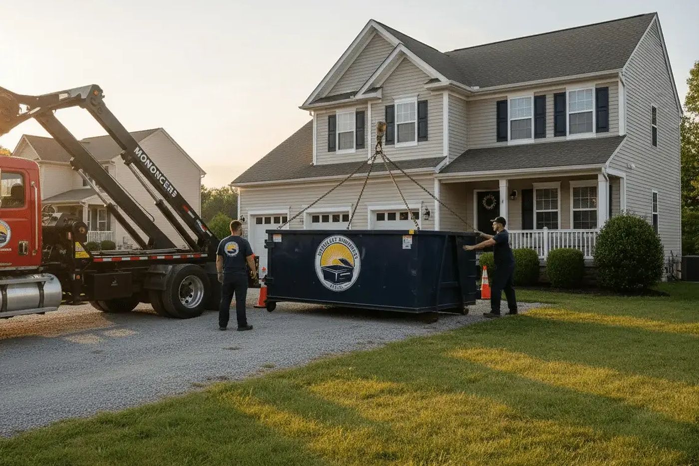 A Monocacy Dumpster truck setting a roll-off container down on a Frederick County driveway