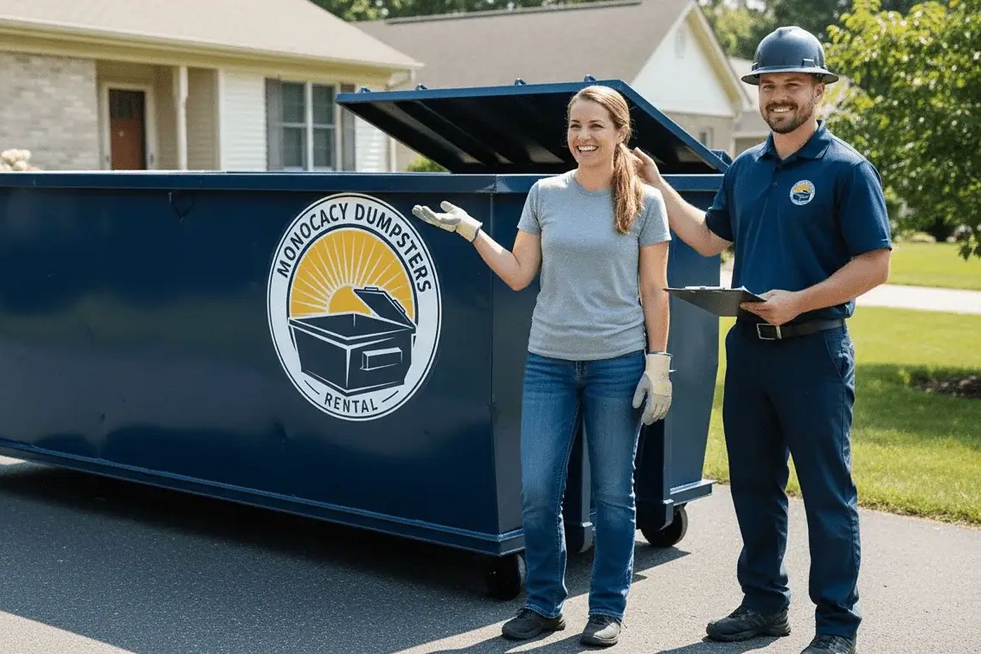 A Frederick homeowner and a Monocacy Dumpster crew member beside a freshly delivered roll-off container