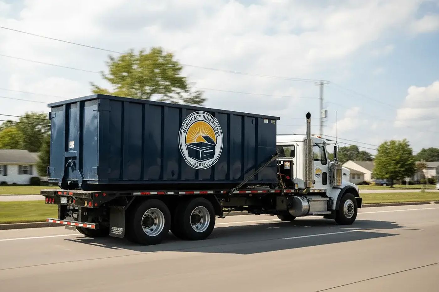 A Monocacy Dumpster truck carrying a roll-off container on the way to a same-day delivery