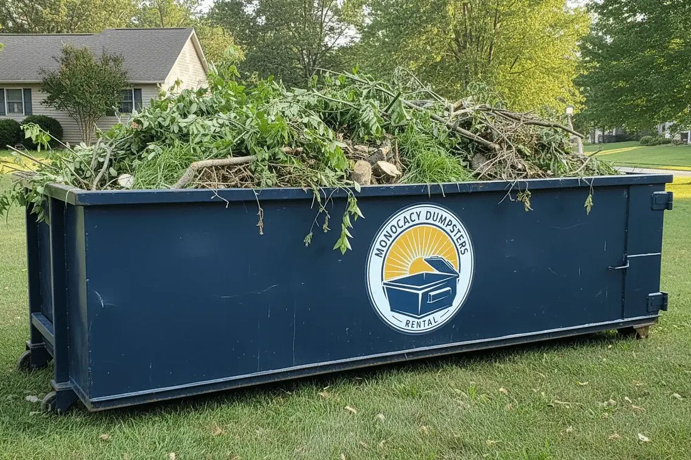 A Monocacy Dumpster roll-off container filled with brush and branches on a Frederick County lawn