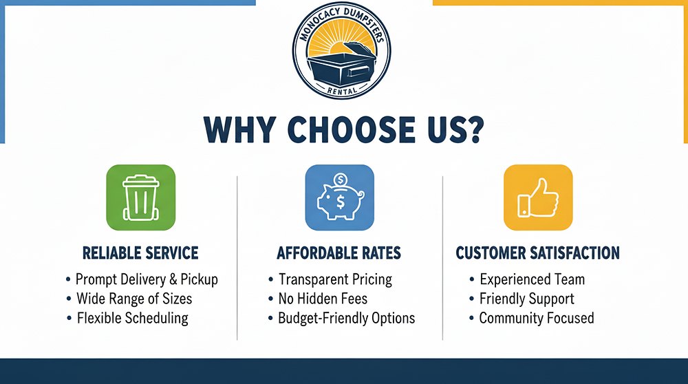 Why choose Monocacy Dumpster: reliable service, affordable rates, customer satisfaction